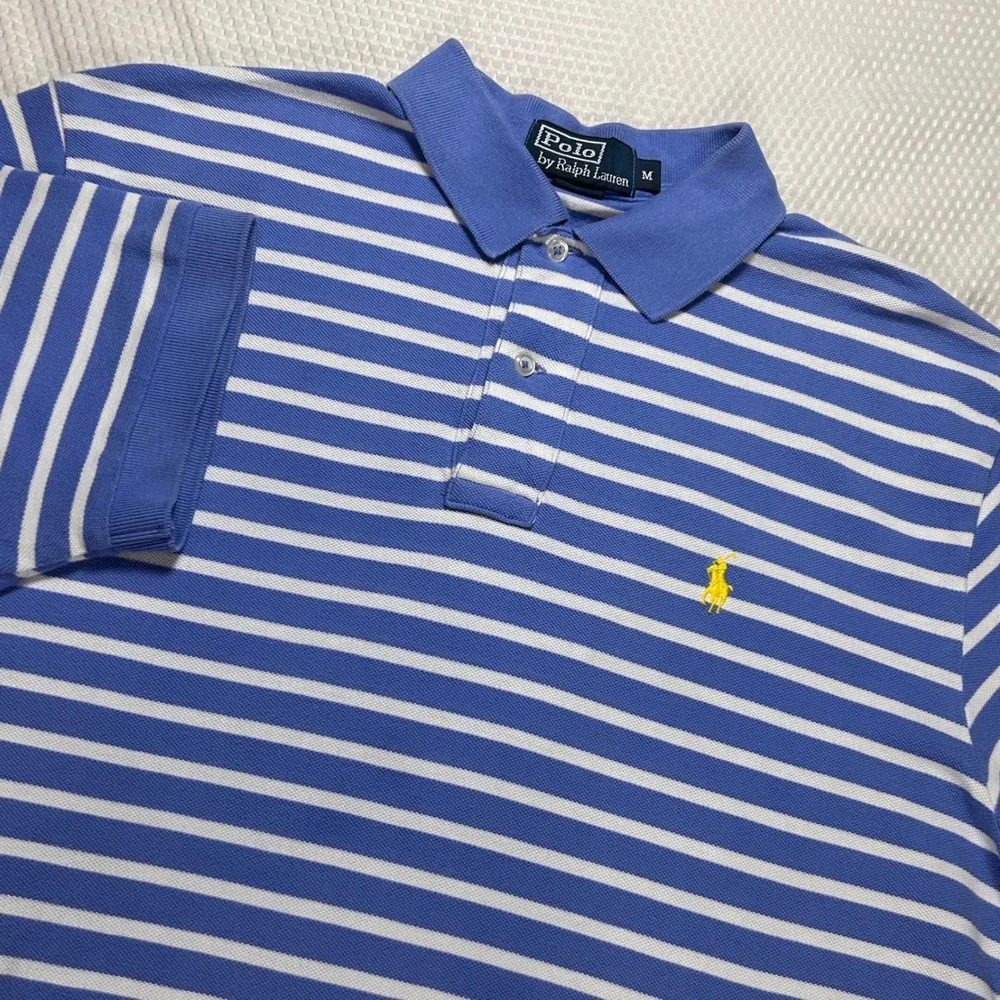 Polo Ralph Lauren Mens Blue White Striped Cotton Pique Polo Shirt Size M